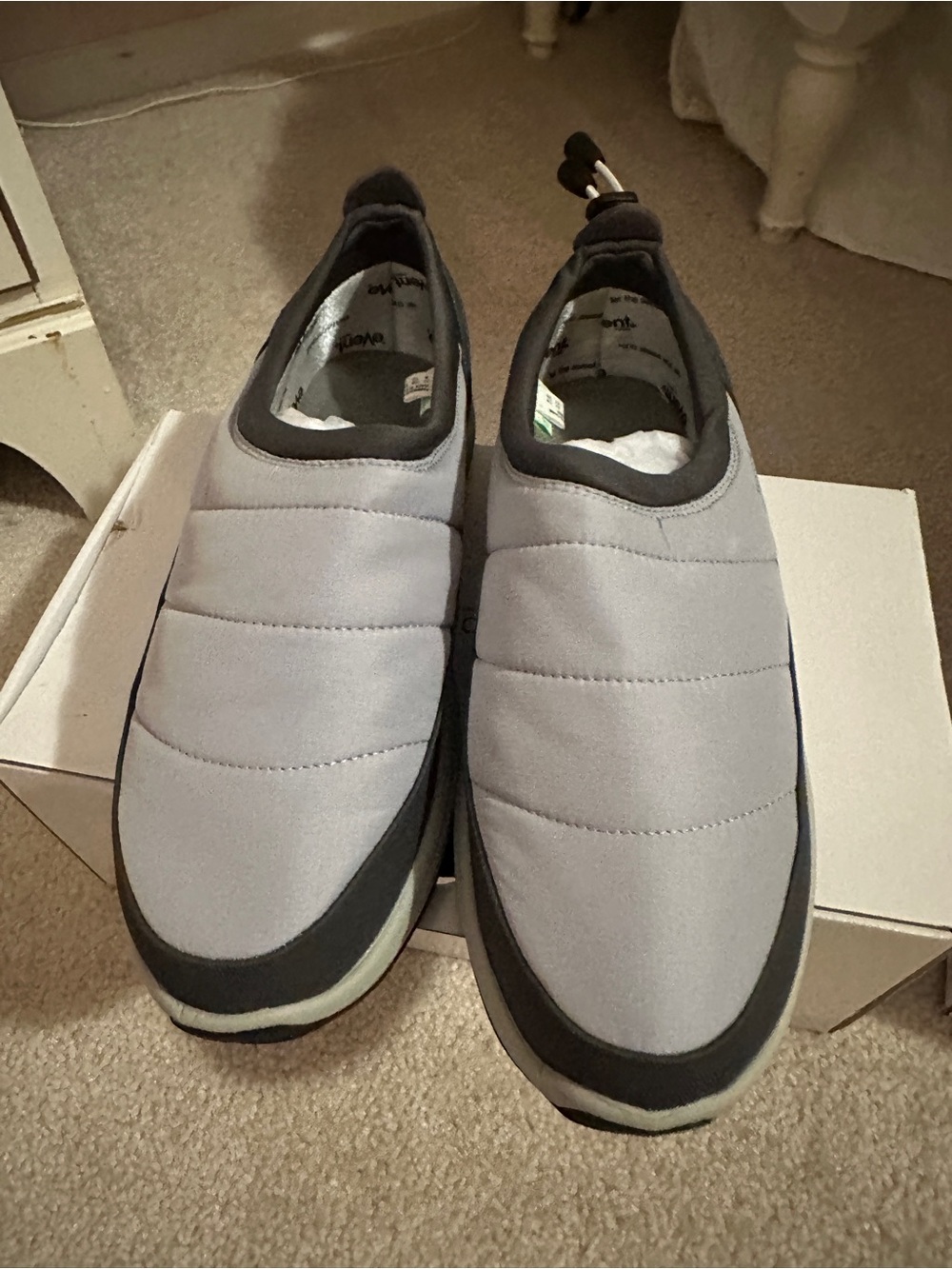 Suicoke Quilted Slip-On Boots in Light Gray with Black Trim